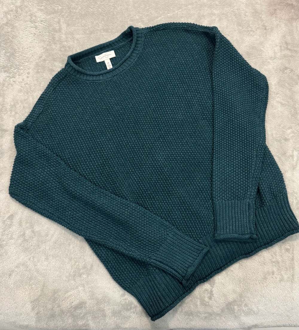 Jessica Simpson Women's Textured Knit Crewneck Sweater Teal Green Medium
